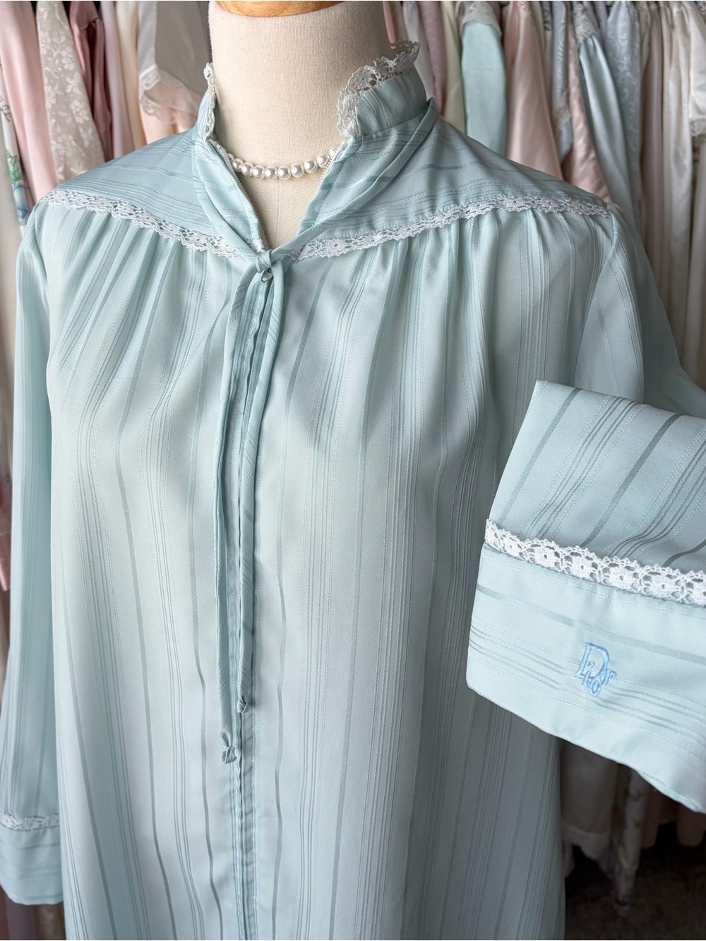 vintage christian dior aqua blue lounge dress nightgown lace trim